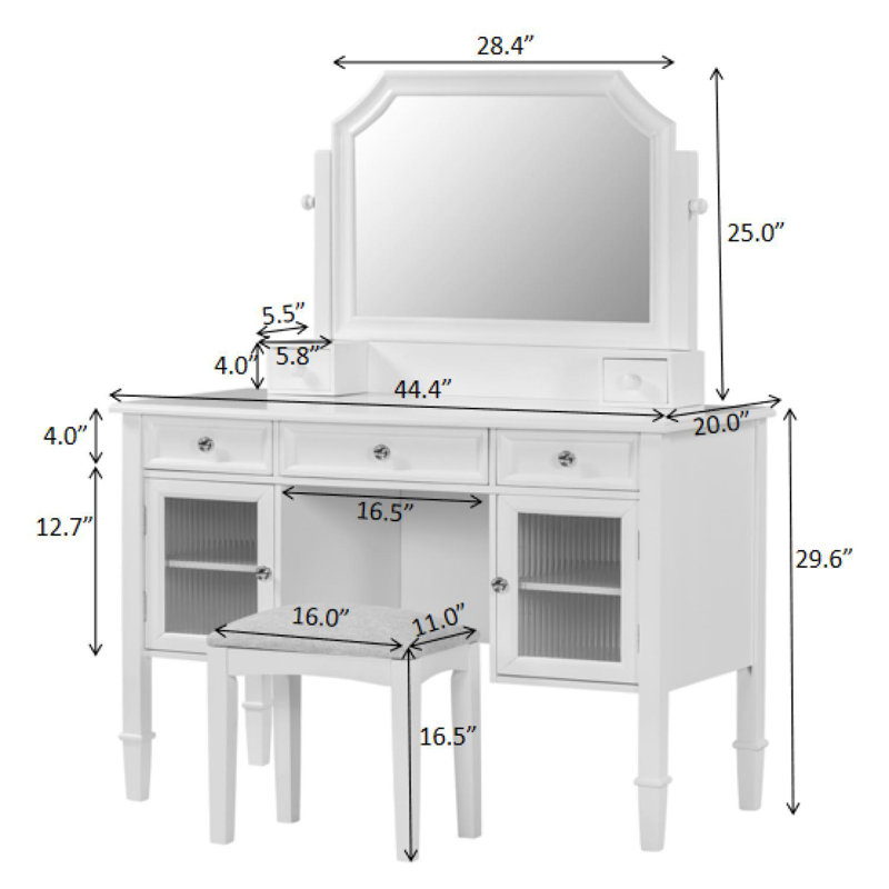 Makeup Vanity Desk with Adjustable Mirror, Drawer & Cabinet, Space-Saving Beauty Station