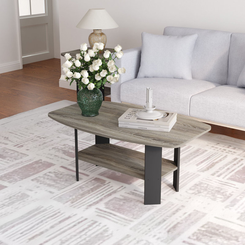 Modern Wood Storage Tea Table Coffee Table with Shelf for Small Space Living Room, French Oak Grey;Black