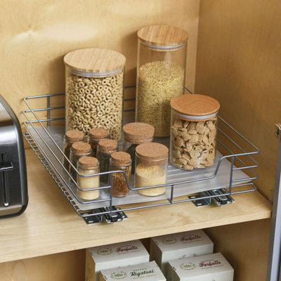 Brushed Steel Pull-Out Pantry Organizer with Plastic Liner