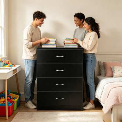Commode moderne noir en bois à 4 tiroirs, meuble de rangement pour chambre à coucher avec poignées en métal argenté, organisateur multifonctionnel pour placard et salon