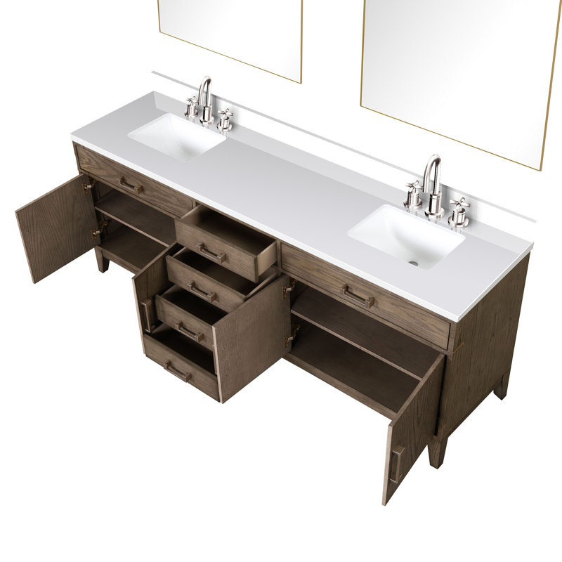 84 po Meuble-lavabo double large en chêne gris avec plateau en quartz blanc, robinet et 36 miroirs, scellés polis