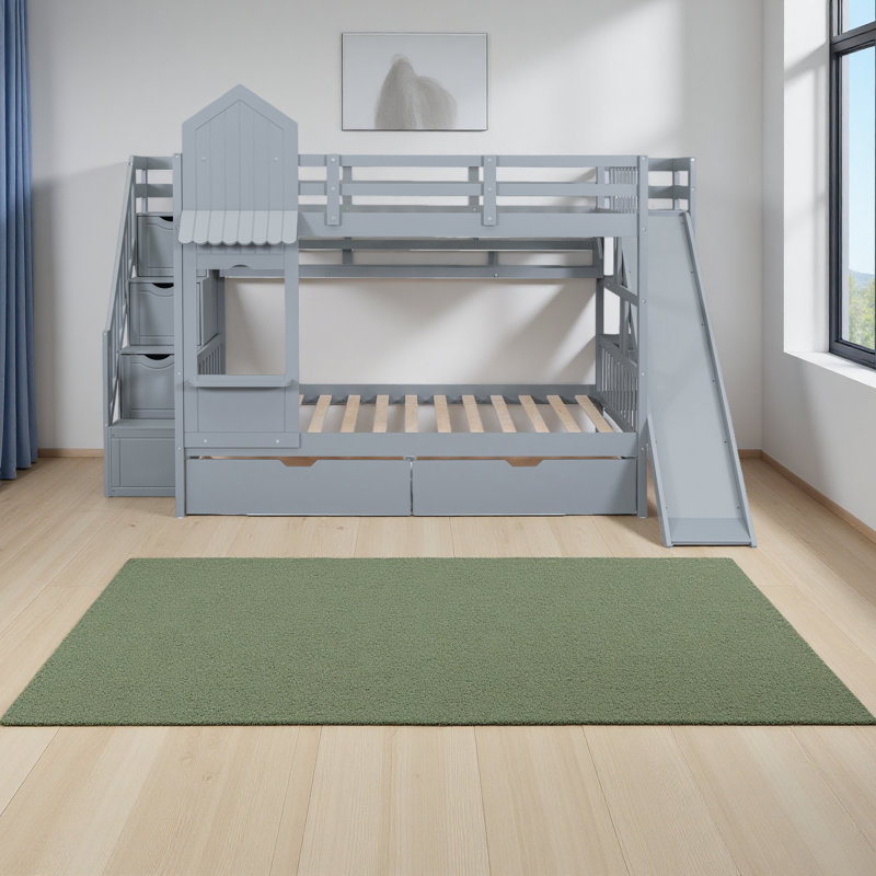 Full-Over-Full Castle Style Bunk Bed With 2 Drawers 3 Shelves And Slide, Gray