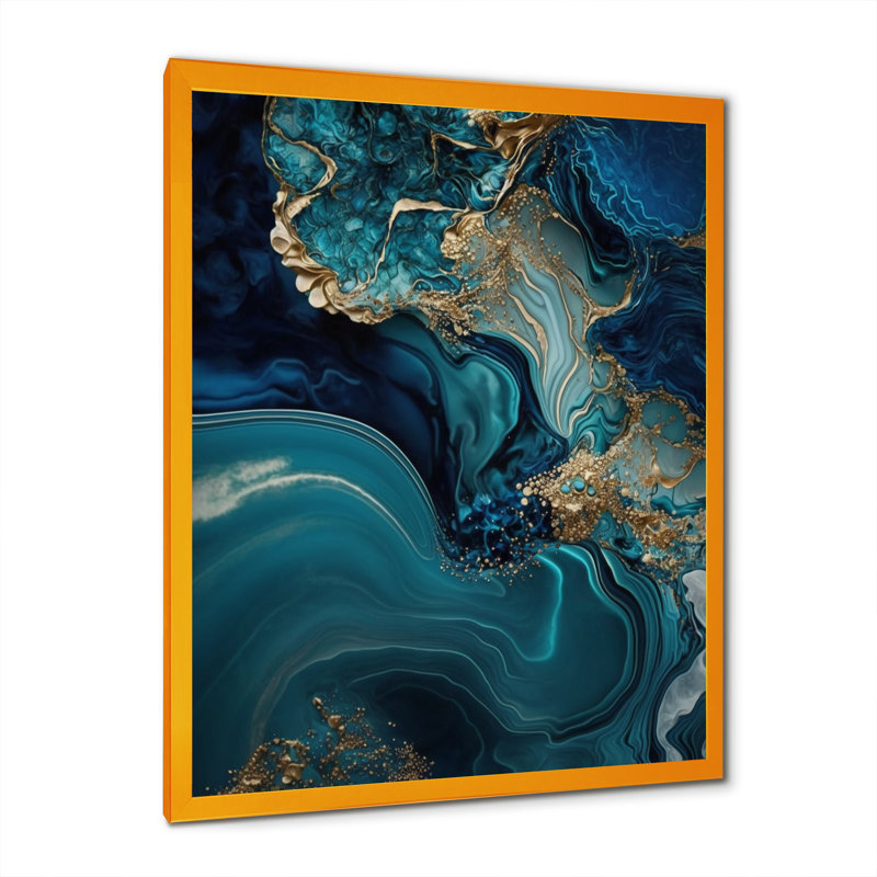 Géode abstraite turquoise I - art mural grand marbre abstrait, L 30 po x H 40 po, Impression dorée sur toile encadrée