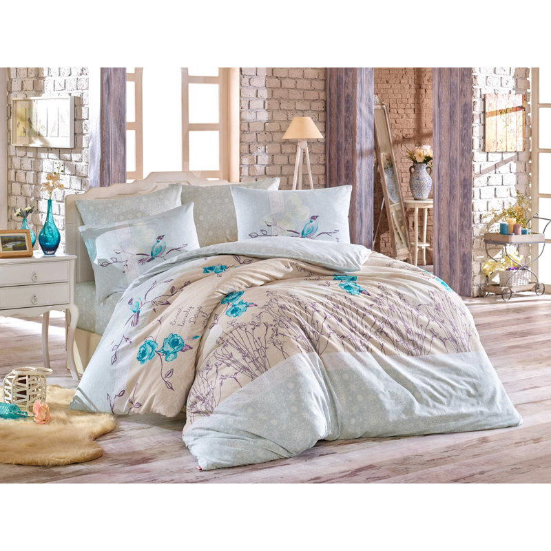 Ensemble de housse de couette 100% coton Pioche, Housse de couette double TG + 3 pièces supplémen, Bleu/beige