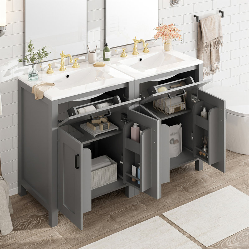 Meuble-lavabo moderne de 48 pouces avec lavabo en céramique, portes à fermeture en douceur, tiroir rabattable, tablettes de porte à double couche, solution de rangement élégante