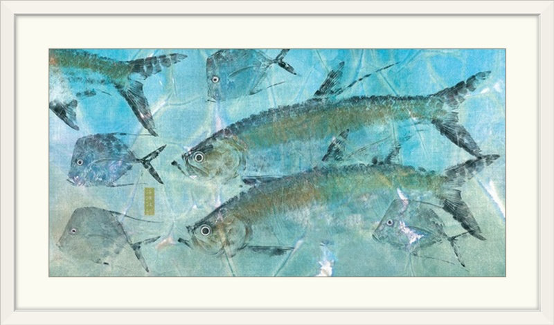 « tarpon lagon », « jim roberts », reproduction d’art, H 32 po x l 56 po x P 1 po, Cadre blanc