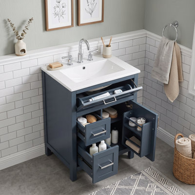 Freestanding Bathroom Vanity with Ceramic Sink, Flip Drawer, 2 Storage Drawers, Adjustable Shelf and Door Rack