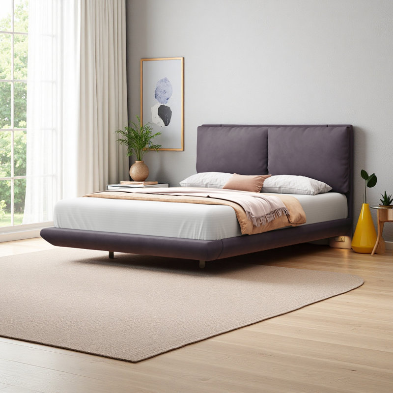 Lit plateforme tapissier avec capteur de lumière et 2 grands dossiers, lit plateforme élégant avec 2 ensembles de port USB et prise sur chaque pied de lit arrière