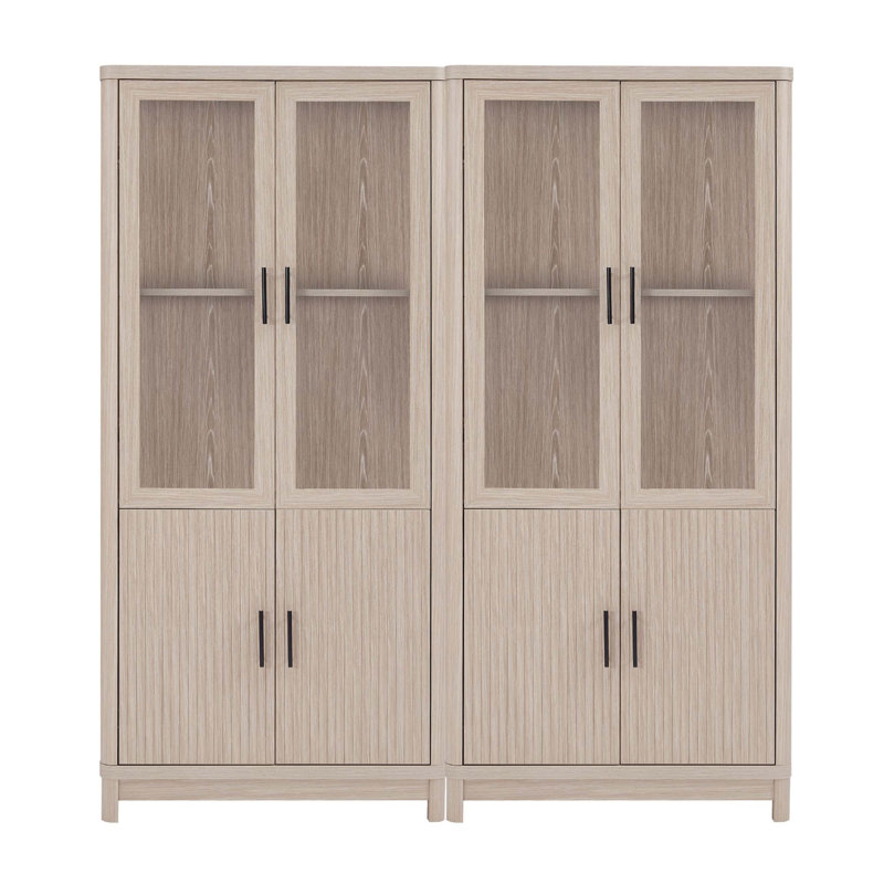 Cabbar Bookcase with Adjustable Shelves and Tempered Glass Doors in (Set of 2), White Washed Oak