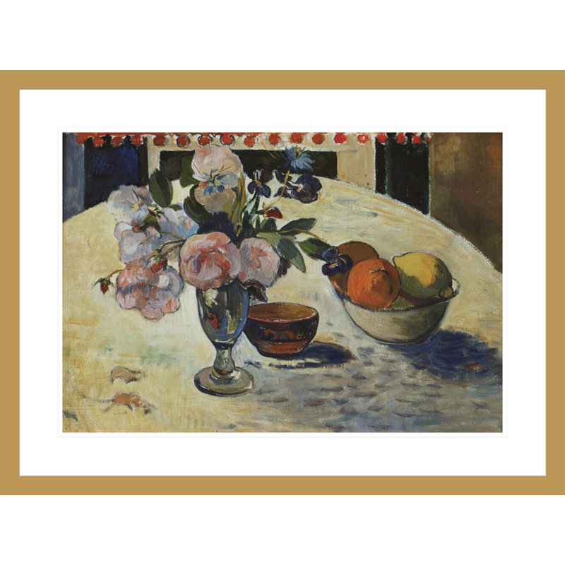 «Flowers and a Bol of Fruit on a Table» par Paul Gauguin - Reproduction giclée encadrée, H 22,18 po x l 29,5 po
