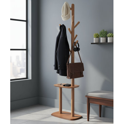 Caramel Brown Freestanding Coat Rack, 8 Hooks + Storage Shelf, Entryway Coat Tree For Coats Hats Bags
