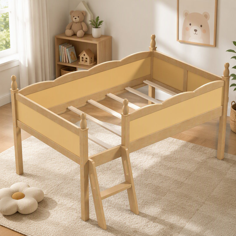 Lit mezzanine en bois avec barrières de sécurité, échelle et tablette de chevet, Lit simple, Naturel