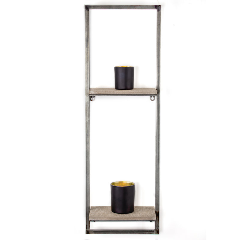 Rustic Silver Metal and Wood Hanging Shelf Rack