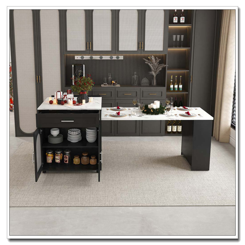Îlot de cuisine de 80 pouces avec table de salle à manger, comptoir en grain de marbre avec prise de courant, chariot de rangement mobile avec armoire et 2 tiroirs, table de préparation pour la cuisine (noir)