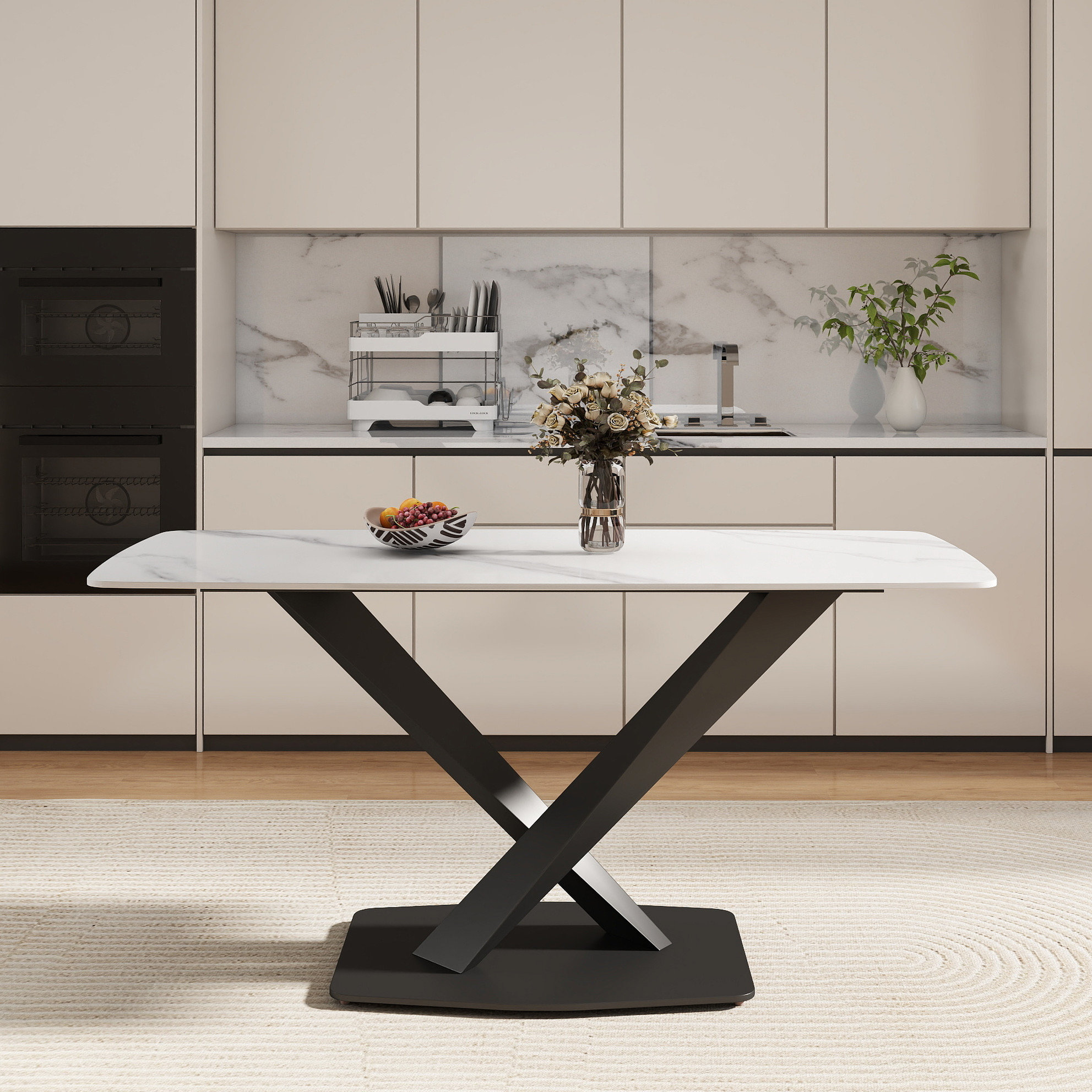 Mercer41 63" White Sintered Stone Rectangular Dining Table With Black X ...
