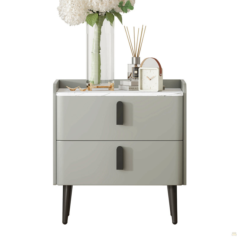 Nightstand With 2 Drawers, Night Stand With Marble-Pattern Tabletop, Modern Beside Table, Gray