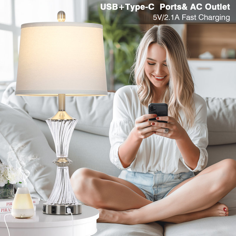 28" Glass Bedside Table Lamps with Type-C, USB-A & Outlet, Bulbs Included
