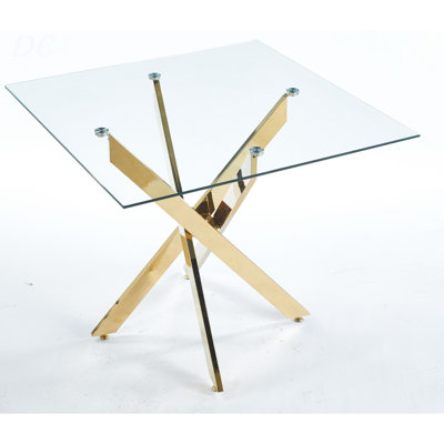 Table de salle à manger avec pieds croisés en métal et verre trempé, table de cuisine moderne pour le salon, pieds chromés, table carrée, pieds dorés, table de 90 x 90 x 75 cm