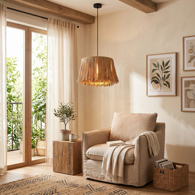 Suspension bohème, plafonnier à pompons en fibres naturelles tissées à la main, étanche IP55