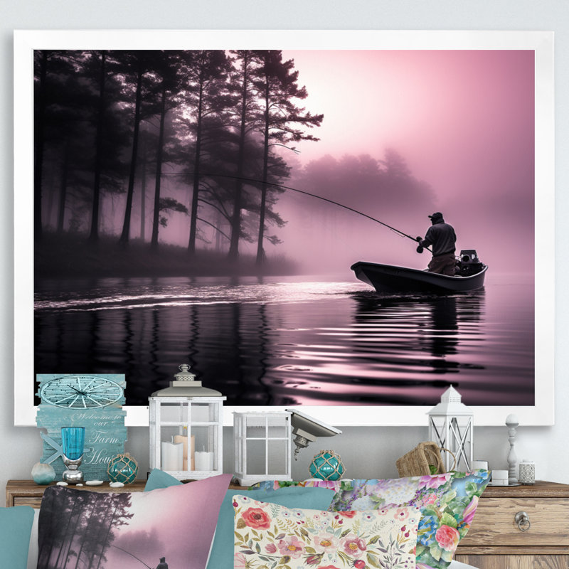 Fishing At The Lake I - Fishing Framed Canvas Print Hunting Wall Art, 30" H x 40" W x 1.5" D, White Single Picture Framed