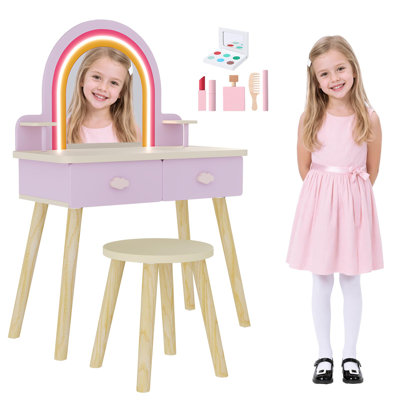 Ensemble de coiffeuse en bois pour enfants avec miroir lumineux DEL arc-en-ciel, coiffeuse de princesse avec tabouret et trousse de maquillage factice, coiffeuse à 2 tiroirs pour petites filles