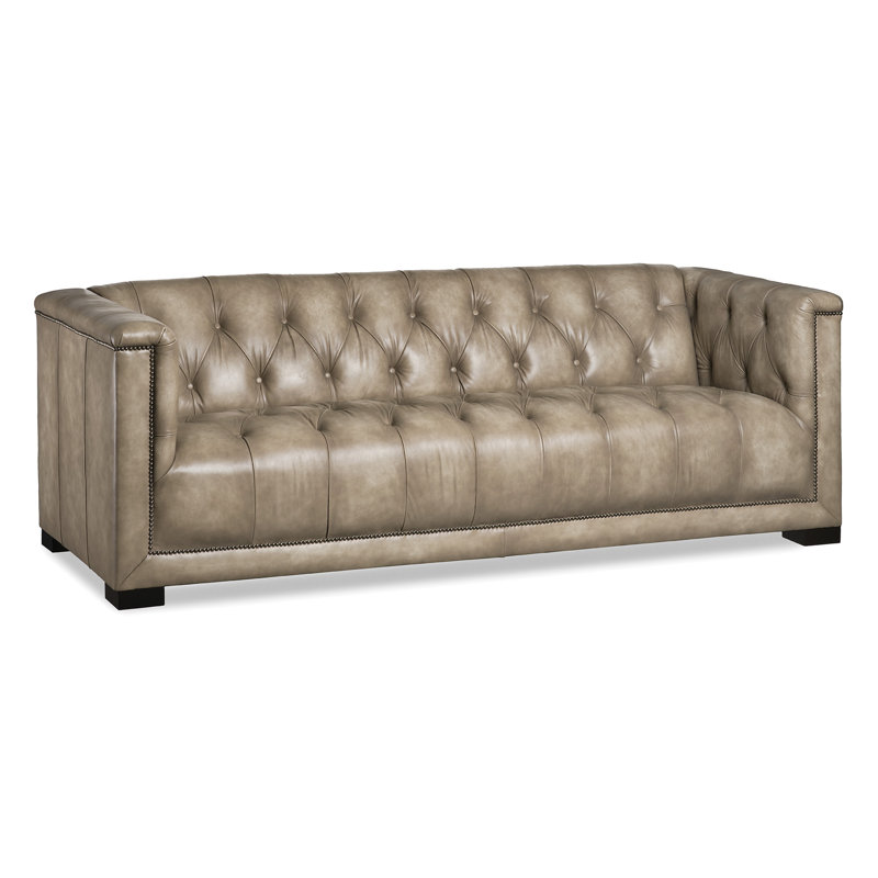 Lola Wheat Genuine Leather Tuxedo Arm Sofa with Black Wood Finish