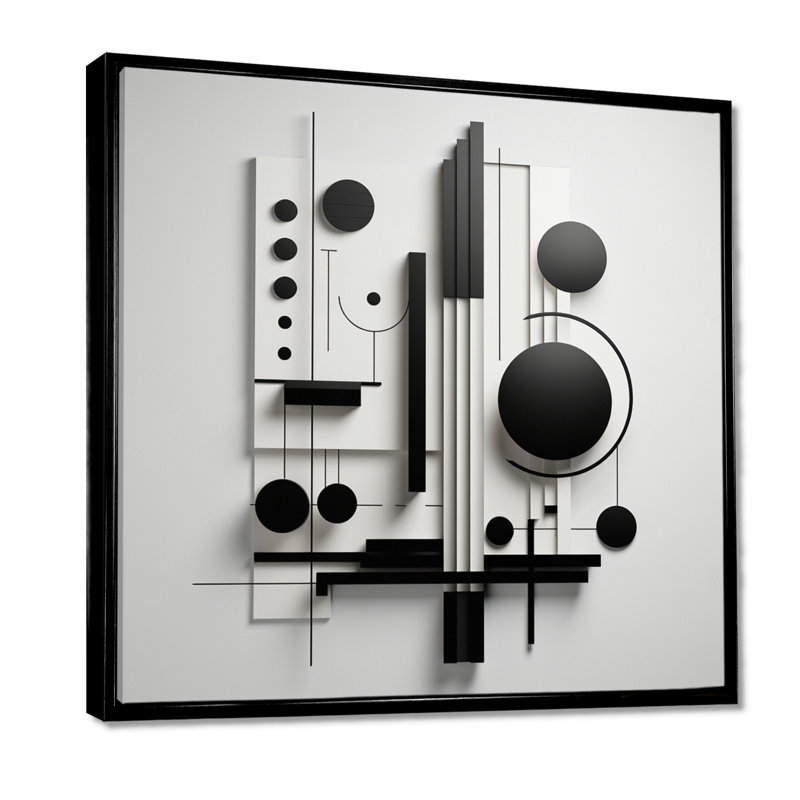 «Geometric Essence Monochrome Balance II - Minimalisme», art mural, Toile avec cadre flottant noir