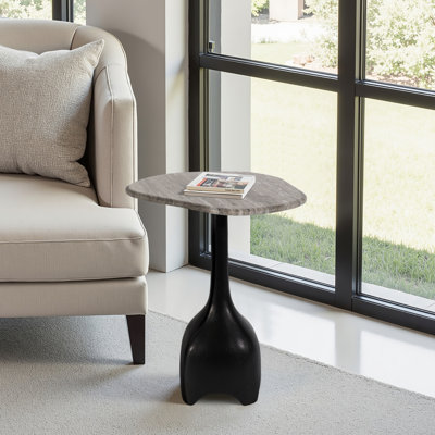 Modern Contemporary Accent Table with Marble Top and Sculpted Stone Aluminum Metal Base.