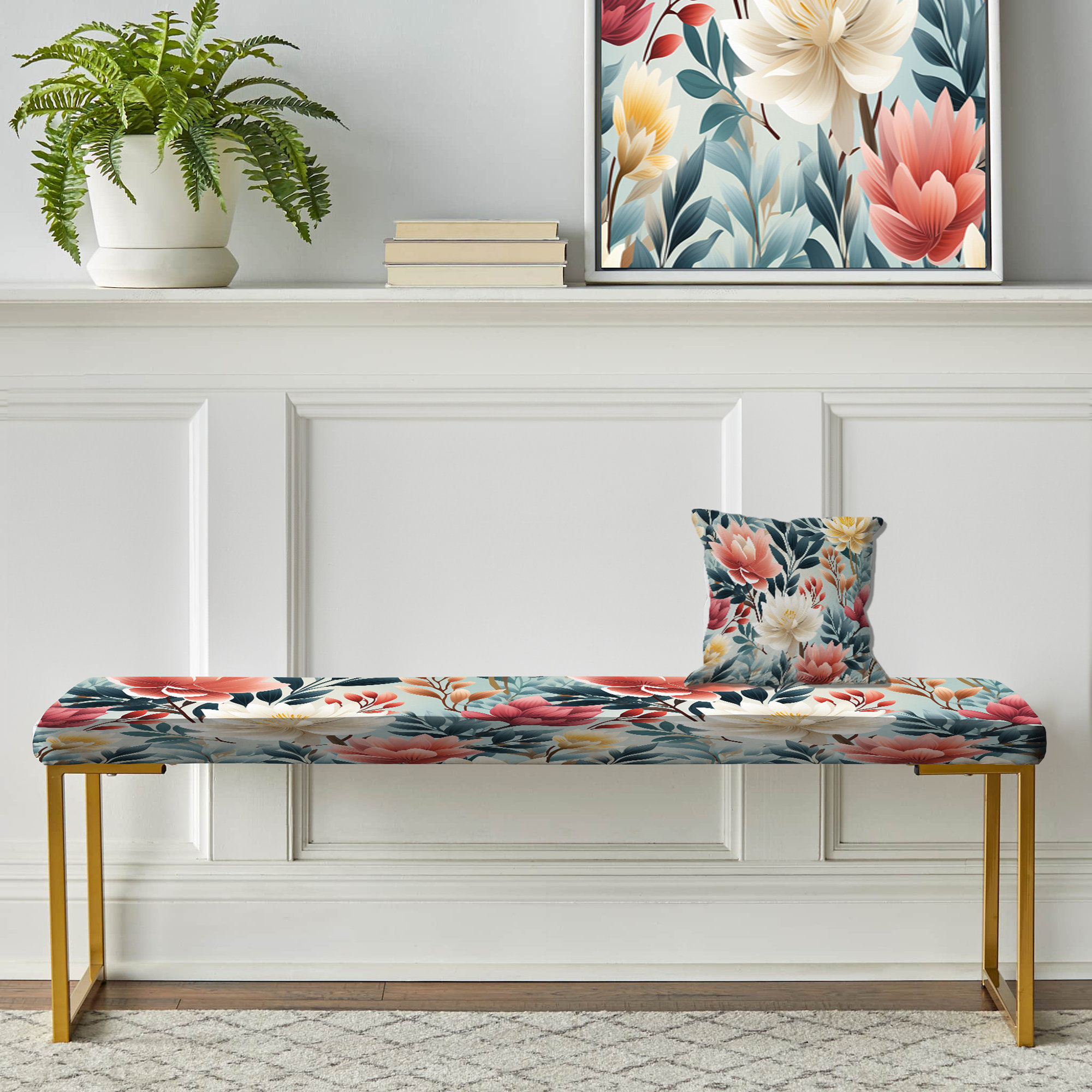 Design Art Coral And Blue Enchanted Gardens Chevron Pattern - Floral ...