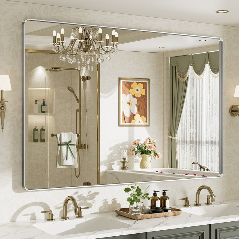 Miroir de salle de bain mural Llesenia, Argent argent, 60 po x 40 po, Rectangulaire
