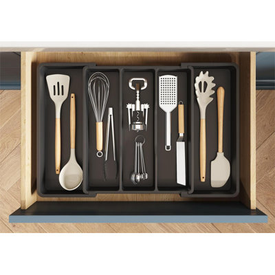 Utensil Organizer For Kitchen Drawers, Expandable Cooking Utensil Tray, Adjustable Cutlery Silverware Flatware Holder, Plastic Spatula Tools And Gadgets Storage Divider, Black, 13"-22" X 15"