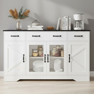 55"W Rustic Modern Sideboard Buffet Cabinet With Glass Doors & Adjustable Shelves - Farmhouse Coffee Bar Cabinet For Kitchen, Dining Room, Living Room Storage