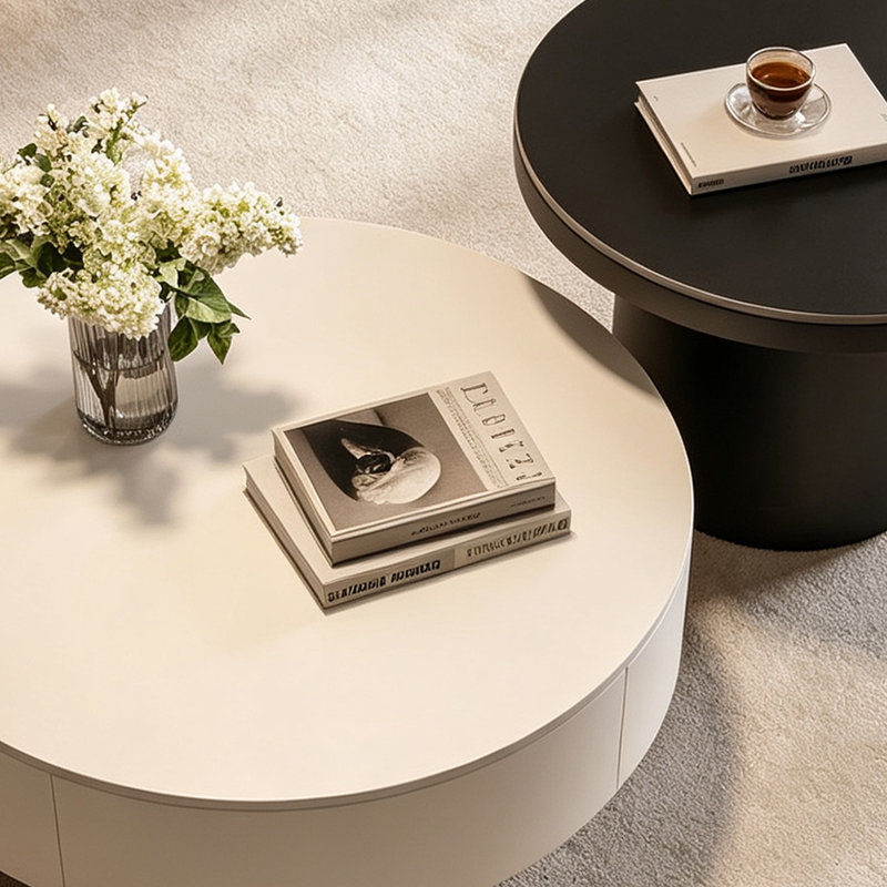 Table basse de luxe à l'italienne, Blanc / plateau noir / blanc / base noire, Couleur unie