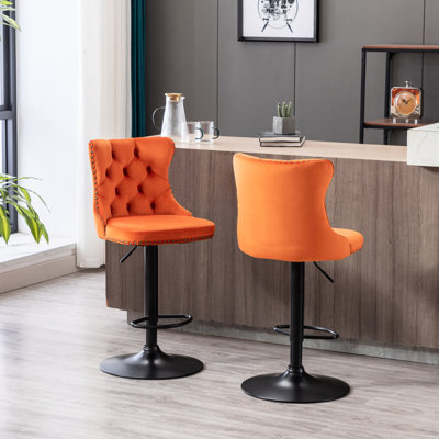 Pivotant en velours orange Hurley avec hauteur réglable de 25 à 33 pouces, dossier, base stable de 17,7 pouces pour îlot de cuisine et pub, de 2 dossiers, base de siège, maison confortable,