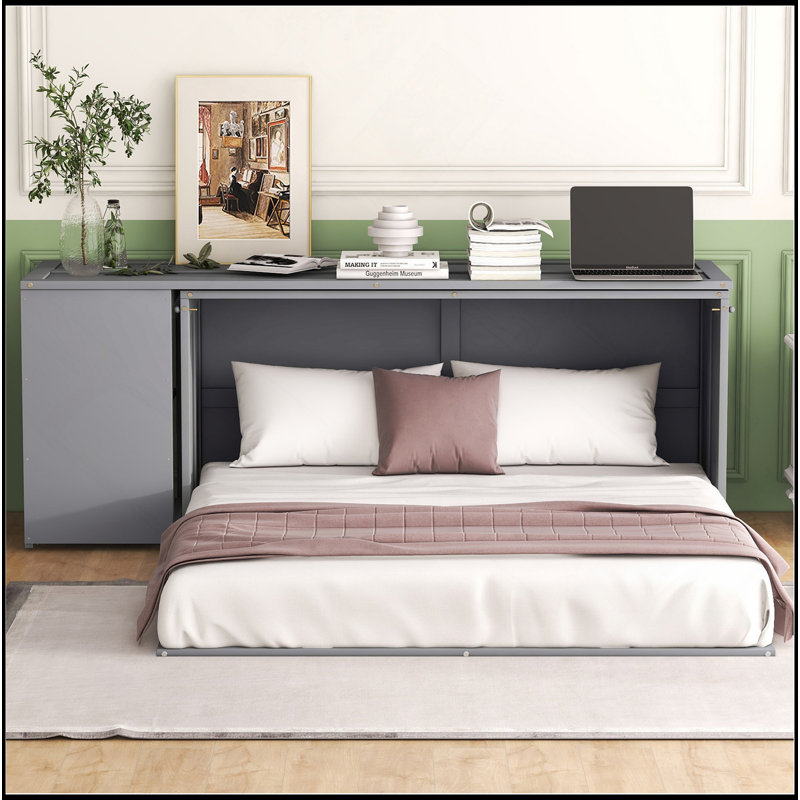 Grand lit escamotable contemporain avec bureau rotatif, Gris