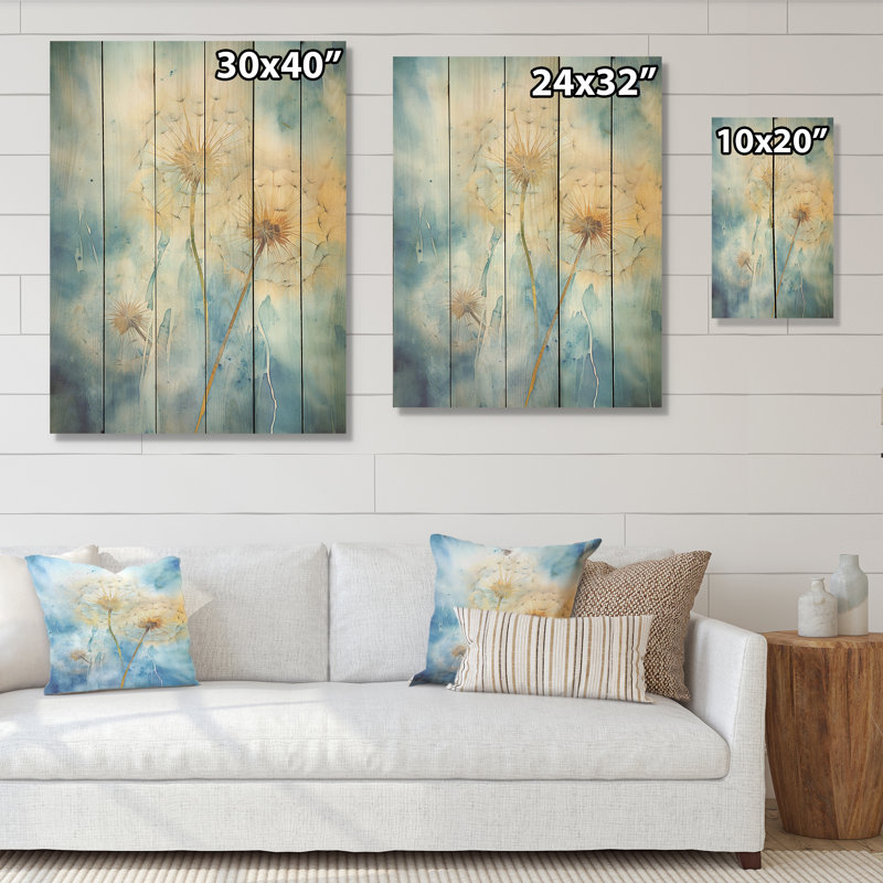 Blue Dandelion Dreams - Art mural en bois de pissenlit sur bois de pin naturel, H 20 po x l 10 po