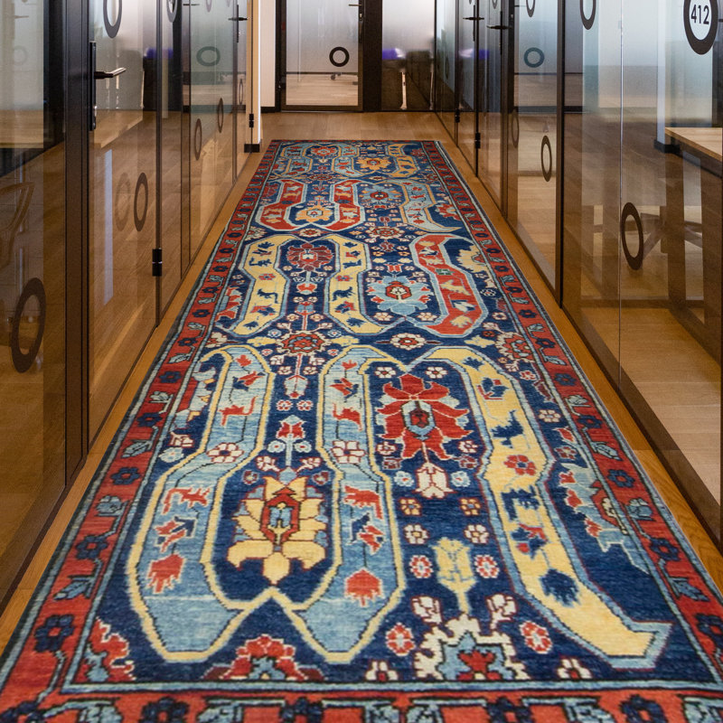 Hand-Knotted High-Quality Navy, Blue, and Red Runner
