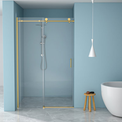 Space - Saving, Single Slide Bathroom Door, 48" 48.8", 8mm Tempered Glass, Gold Frame, Rust 48"w X 76"h Shower 304 Stainless Steel Reversible Left Right, Water Screen, Slip