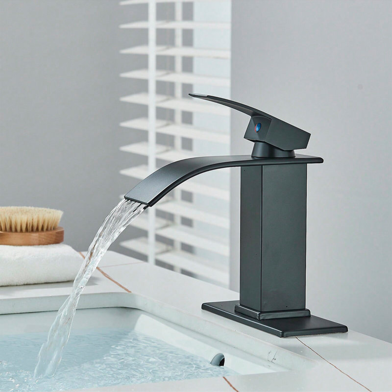 Matte Black Waterfall Bathroom Sink Faucet, Single-Handle Vanity Faucet with 6-Inch Deck Plate, Supply Hoses & Pop-Up Drain Plug, for 1 or 3-Hole RV & Farmhouse Bathrooms