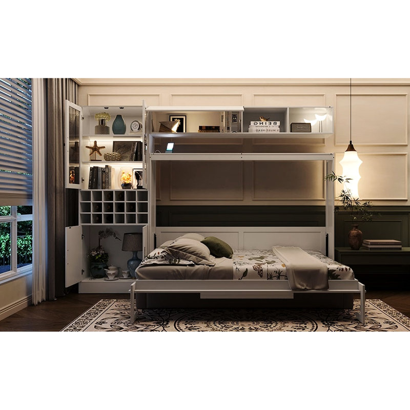 Lit mural blanc avec fonction, tablettes et - Économie d'espace, confortable pour une utilisation nocturne dans de petits espaces, option de couchage