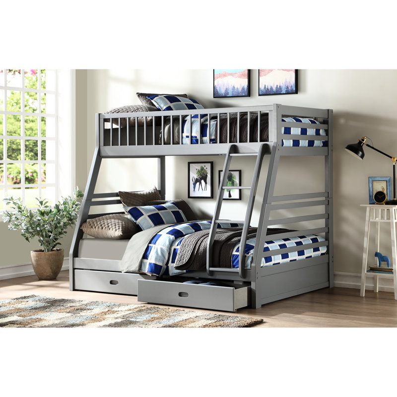 Lit superposé simple / double avec rangement - gris, système de lattes 6 + 6, style convertible, droite, garde double, structure en bois de pin gris simple / double, option, support, 2 tiroirs,