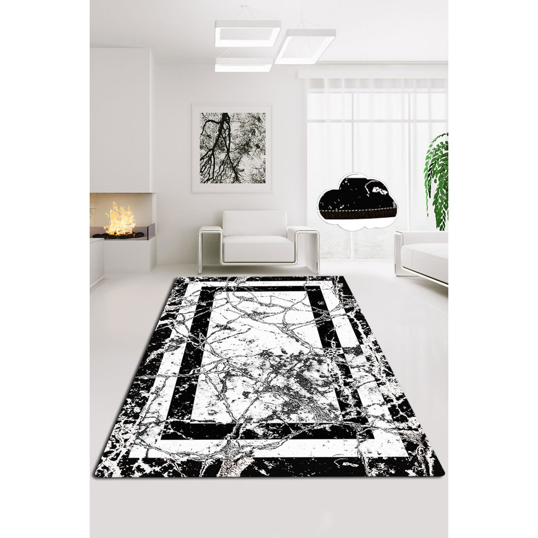 Premium Black & White Area Rug | 100% Polyester, 0.4 in Pile Height, Antibacterial & Non-Slip Underside | Machine Washable, Felt Dot Base, 2.3 lbs/sq yd | Perfect for Living Room, Bedroom, & Modern Decor | Easy Care & Stylish Design East Urban Home Rug 