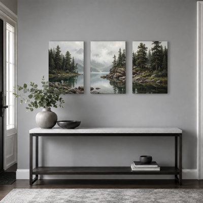 Misty Mountain Lake With Pine Trees And Rocky Shore Set Of 3 Canvas Wall Art