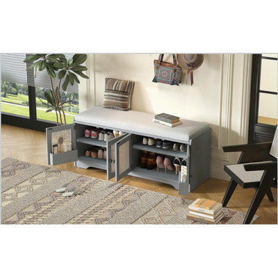 Rustic Storage Bench Multifunctional Wood Entryway Shoe Bench with Removable Cushion, Woven Rattan Doors & Adjustable Shelves
