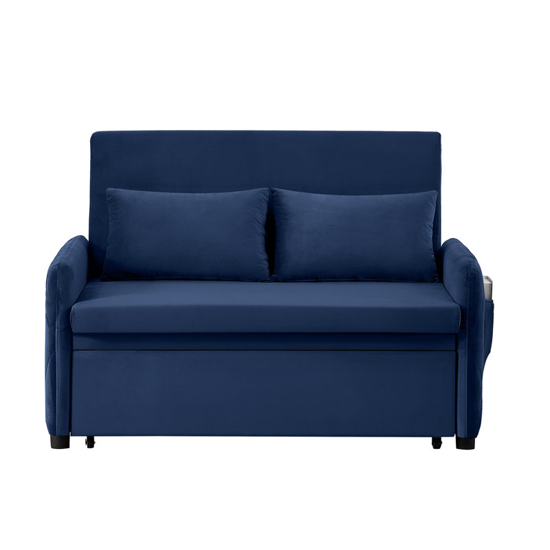 Velvet Sofa Bed with Two Pillows and Adjustable Backrest, Blue Velvet
