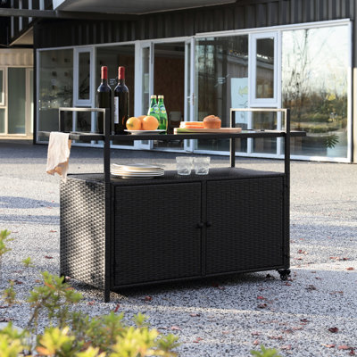 Versatile Outdoor Wine Cart - Black, Rolling With Storage And Top For Garden, Pool, Kitchen, Dining 360° Turning Buffet Tabletop Yard, Poolside Parties