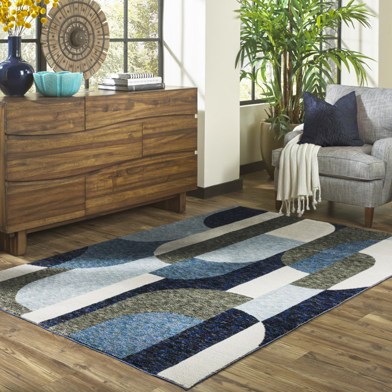 Tapis tissé à la machine 3 pi x 5 pi bleu gris anthracite et mauve à motif géométrique