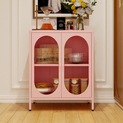 Armoire de rangement en métal à 2 portes translucides pour la maison, le salon, le bureau, la cuisine et l'armoire-vestiaire en métal avec 1 tablette réglable à 2 niveaux (rose)
