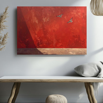 Red Sky Birds Canvasminimalist Flight On Warm Textured Background Canvas Wall Art Ready To Hang Gallery Wrapped Home Decor Modern Design