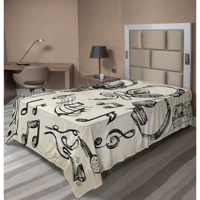 Ambesonne, croquis, plateau, plat, partition, hipster, crâne, beige, noir, Drap plat pour lit simple